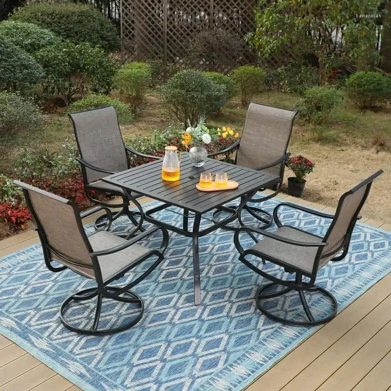 Carpets Pieces Outdoor Patio Dining Set Metal Furniture With Large Rectangular Table And Swivel Textilene Chairs For 4 Person