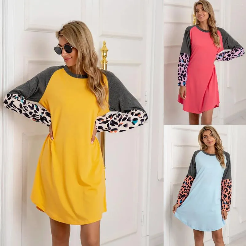 Casual Dresses Holiday Wrap Dress Women Loose O-Neck Long Sleeve Leopard Splic Print Summer With
