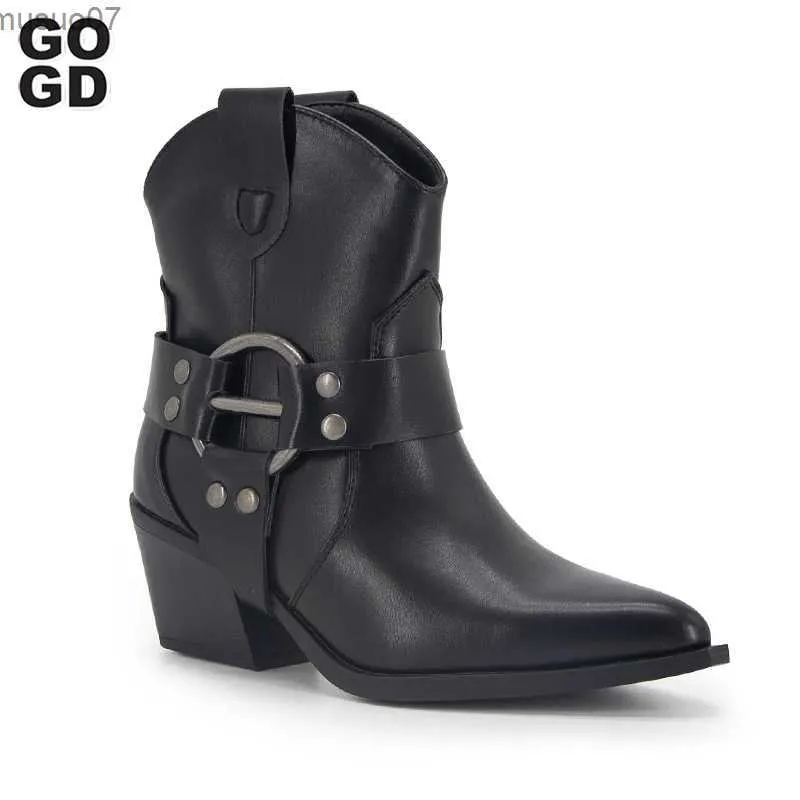Boots GOGD New 2023 Fashion Womens Ankle Boots Western Cowboy Cowgirl Boots Strap Buckle Pointed Toe Chelsea Boots Motorcycle ShoesL2404