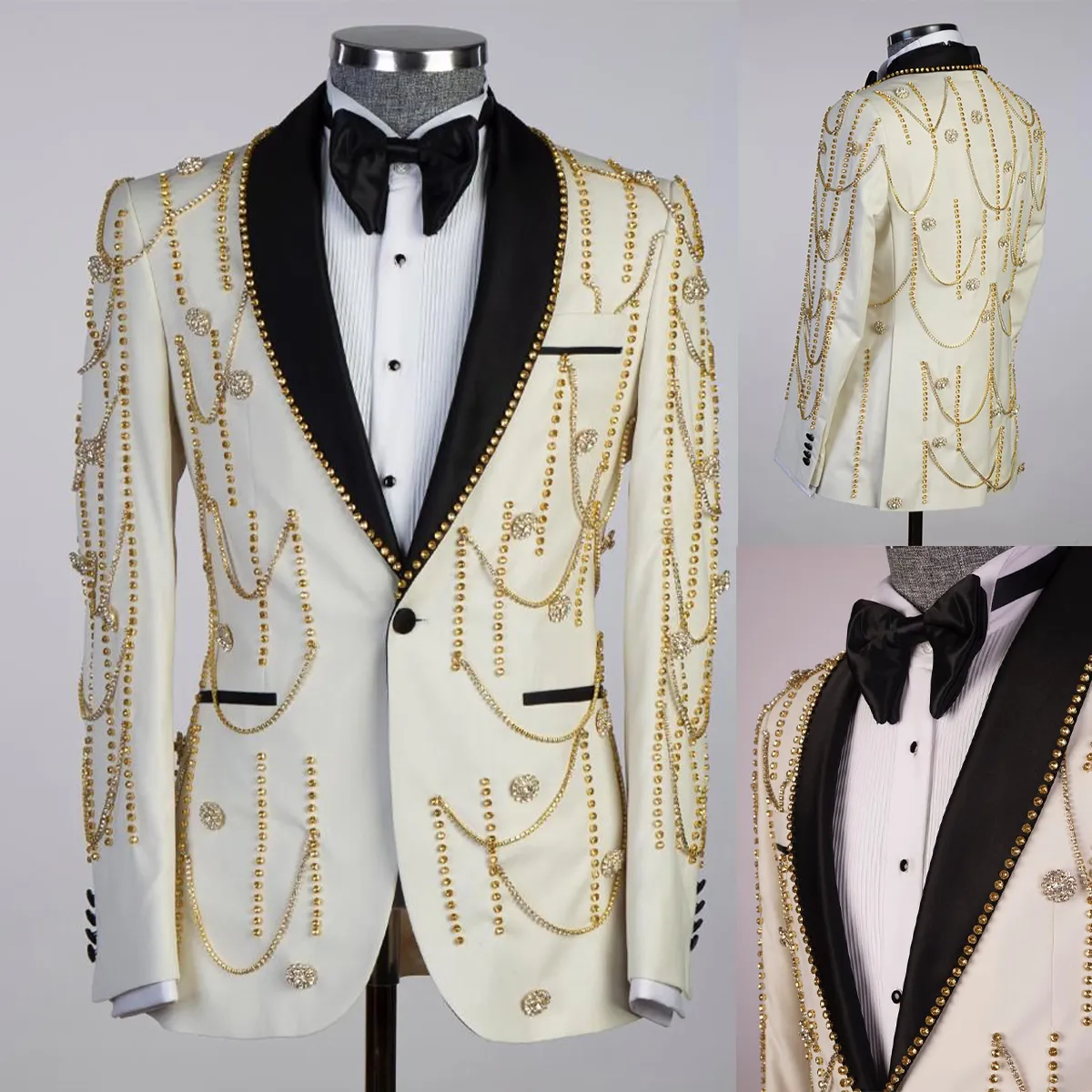 Sciamolo da smoking maschile vintage maschile da un pulsante a petto singolo petto di strass sposo ballo da ballo per matrimoni Blazer pantaloni+cappotto personalizzato Made