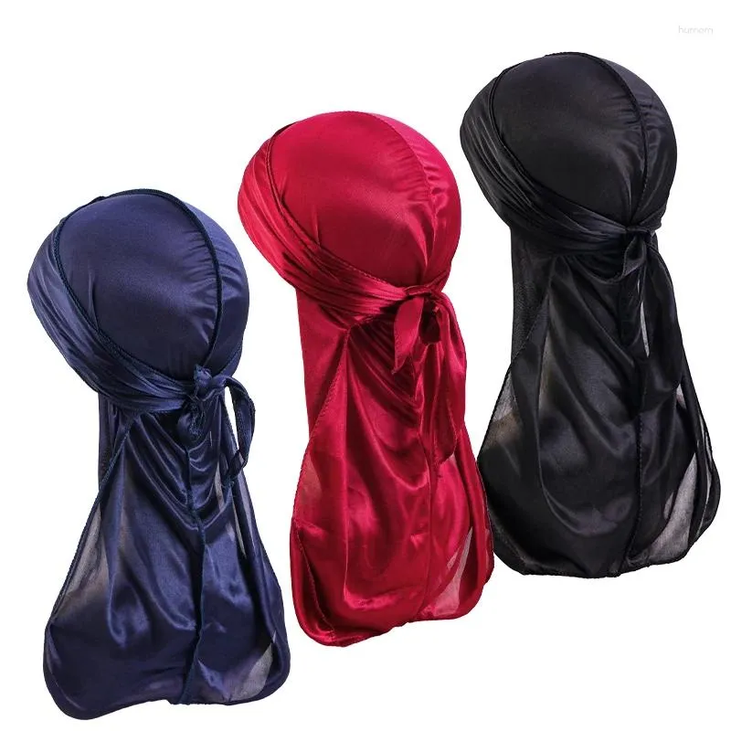 베레모 3pcs/lot unisex silky durag turban 모자 가발 바이커 헤드웨어 헤드 밴드 헤어 액세서리 롱 테일 스트랩 반다 나스 듀그