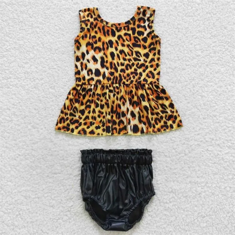 Set di abbigliamento all'ingrosso bambina senza maniche leopardo set da bambino pantaloncini in pelle nera per bummie estate nata a due pezzi