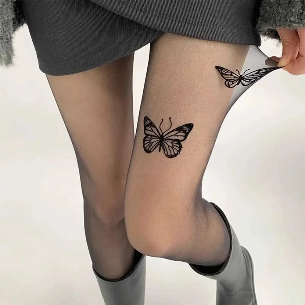 Rciy sexiga strumpor sexig fjäril tights vintage y2k falsk tatuering fjäril svart transparent siden strumpbyxor kvinnor lolita sommar ultratunna strumpa 240416