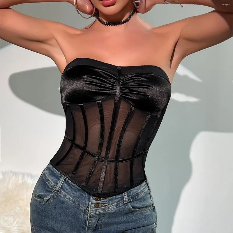 Women's Tanks Women Sheer Mesh Corset Tops Summer Aesthetic Y2K Tube Sexy Cropped Backless Shirts Streetwear Grunge Clothes Bustier Top