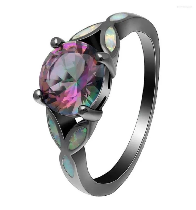 Anéis de casamento Black Gun Bated Rainbow Cubic Zirconia Fire Opal for Women Fashion Jewelis