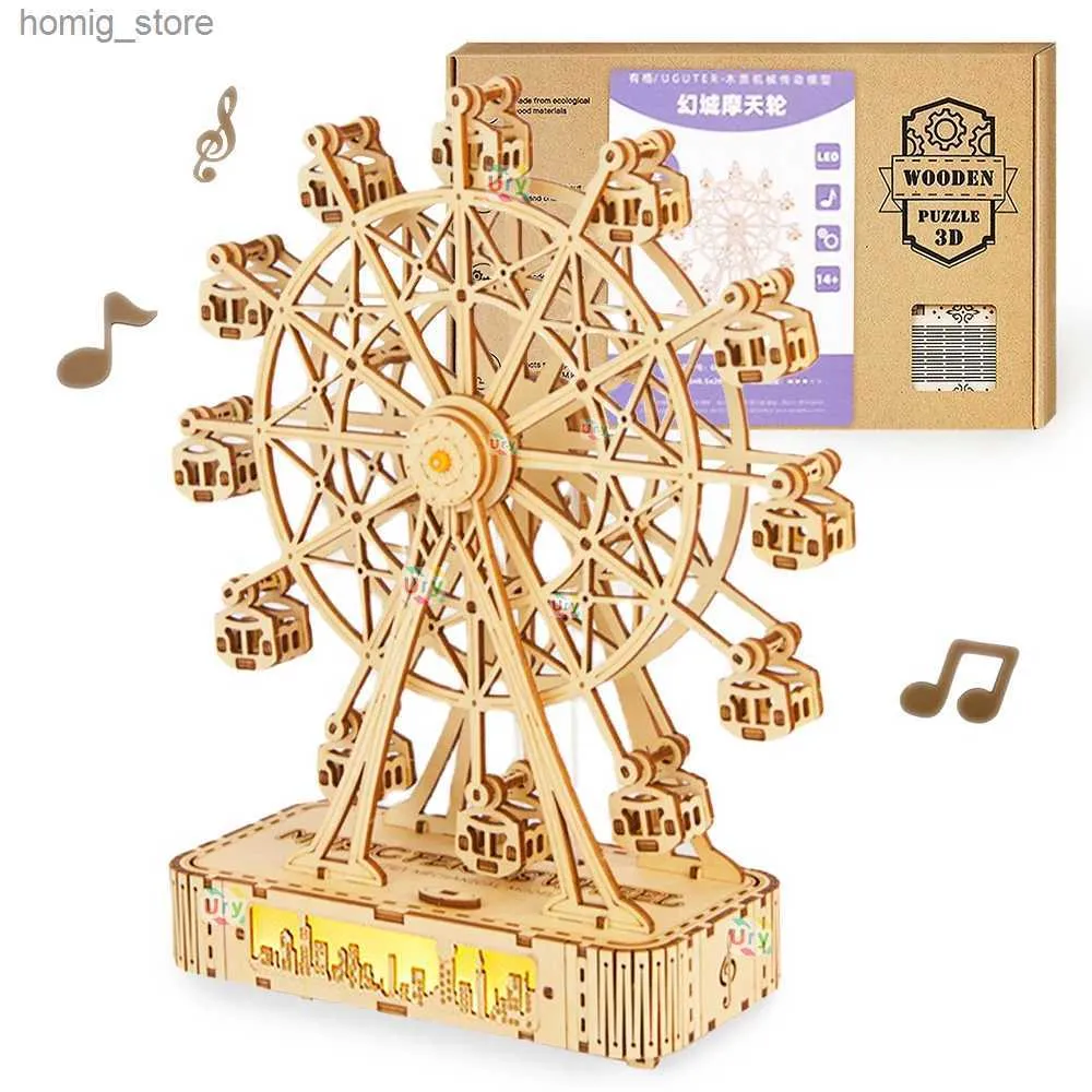 3D -Rätsel ury 3d Musik Holz Puzzle LED City Silhouette Rotatable Rrise Wheal Octave Box Model Kit Assembly Dekor DIY Spielzeug Geschenk für Erwachsene Y240415