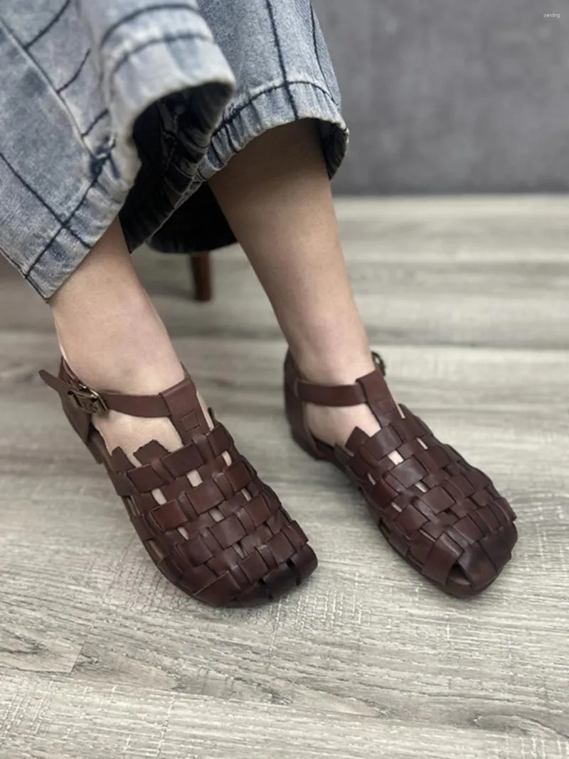 Sandals birkuir rétro tissé torte fermée pour femmes en cuir authentique grand tête luxe élégant semelles douces 2024 boucle dames chaussures