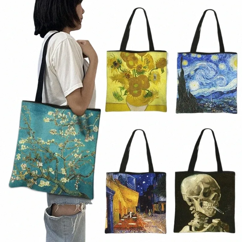 oil Painting Blossoming Almd Tree / Starry Night Tote Bag Van Gogh Sunfr Women Handbag Canvas Shoulder Shop Bags a8TC#