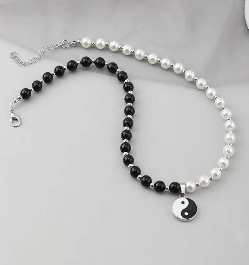 Chokers Round Pearl Beads Yin Yang Taichi Pendant Stainless Steel Chain Unisex Necklace Couple Jewelry Women Mens8419995