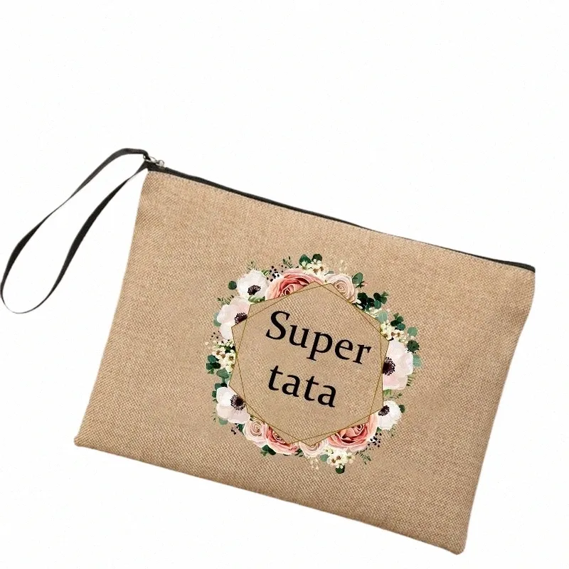 Super Tata Wreath Print Linen Makeup Bags Cosmetic Bag dragkedja Pouch Travel toalettartiklar Kvinnor Neceser Bästa gåvor för Tata 32ye#