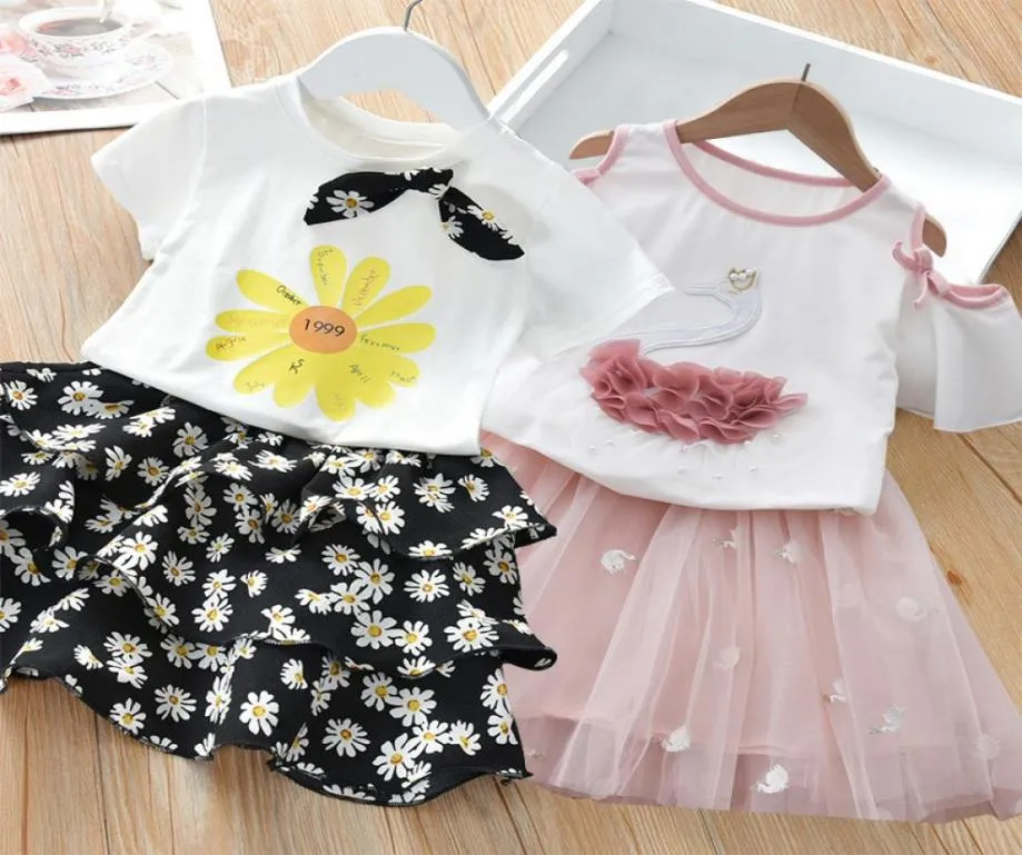 2020 New Girl039s Clothes Summer Kids Swan Strapless TshirtLace Dress Sets Casual Summer Girls Set Children Clothing7683468