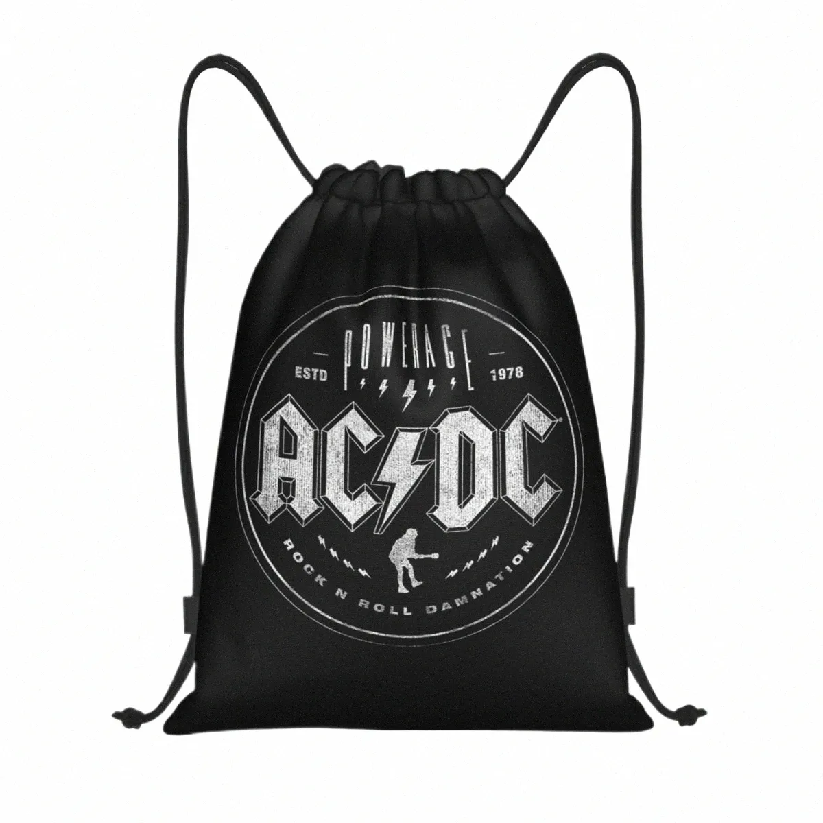 Vintage Rock AC DC DrawString Sac à dos Femmes Men Sport Sport Sackpack Portable Music High Metal Band Shop Sac Sac K4WT #