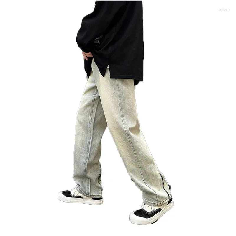 Men's Jeans Korean Streetwear Fashion Baggy Solid Color Straight-leg Denim Wide-leg Skateboard Pants Male Retro Blue Black