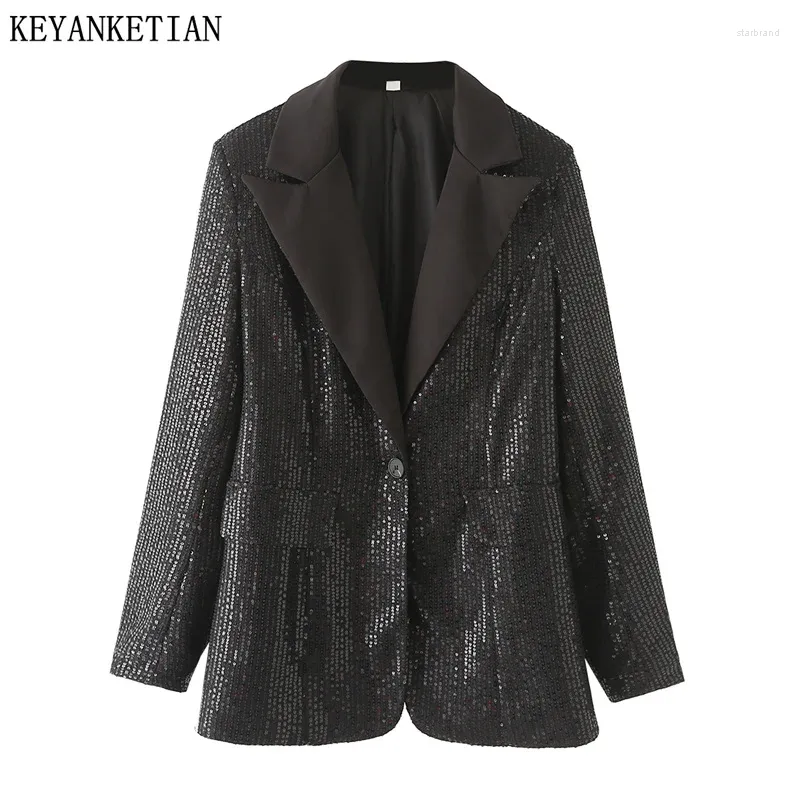 Women's Suits KEYANKETIAN 2024 Launch Black Sequin Decoration Suit Spring Single Breasted Flap Pockets Loose Shiny Outerwear Top