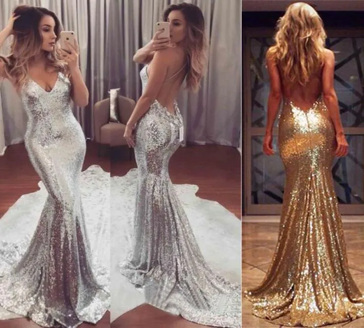 Eye Catching Sexy Bling Bling Evening Dresses Sequins Spaghetti VNeck Mermaid Formal Party Dress Floor Length Backless Prom Gown6427490