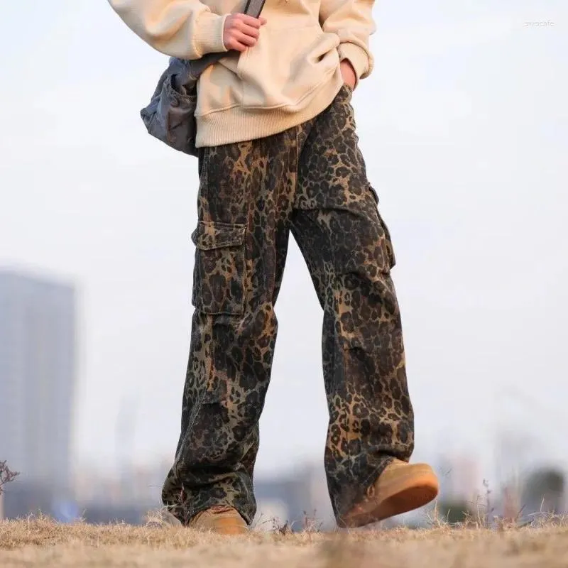 Mäns jeans Multi-Pocket Leopard Print Wide-Ben Pants American Retro High Street Straight Harajuku Style Hip-Hop Byxor för män