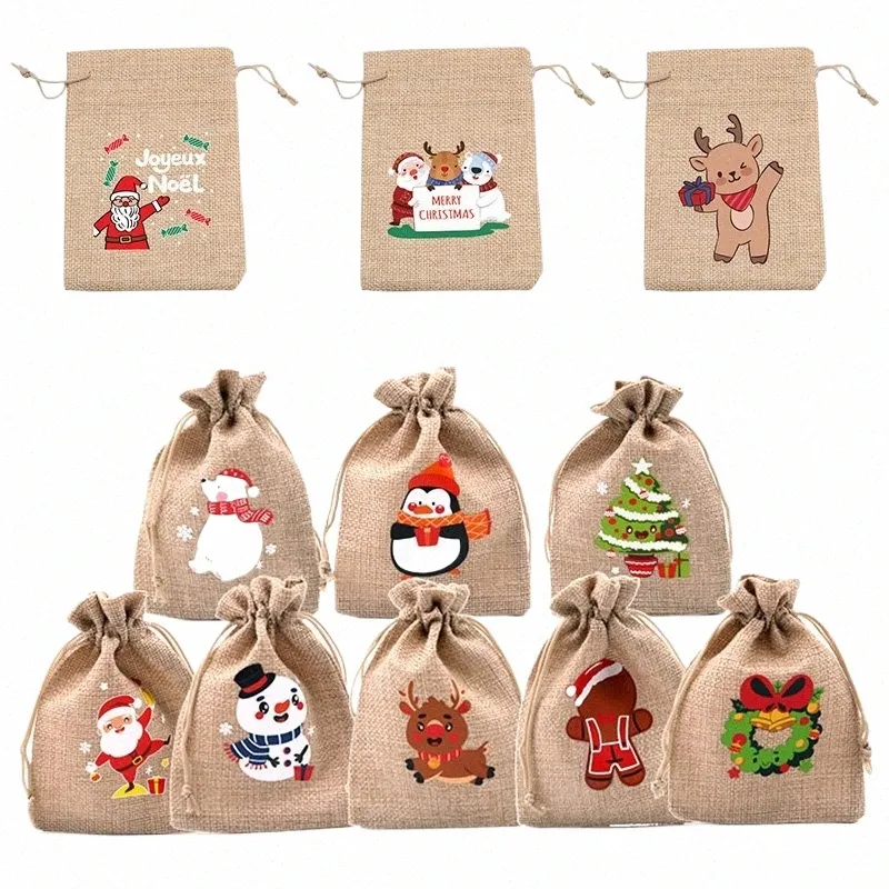 1pc Weihnachten Leinen Sackleinen Tasche Santa Claus Snowman Elch Draw String Geschenktüten Süßigkeiten Aufbewahrungstaschen Xmas Pounch Neujahr L7YQ##