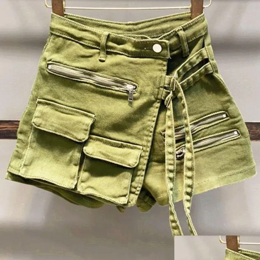 Shorts femininos Summer Summer Bonito Saias de jeans militares MTI Aline Aline larga perna larga 230220 Drop Deliver