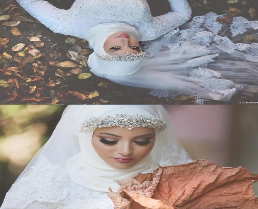 Véus de casamento muçulmano de luxo com arestas de renda Aplique e cristais uma camada Tulle Comprimento do cotovelo hijab sob medida de maneira feita 11832791