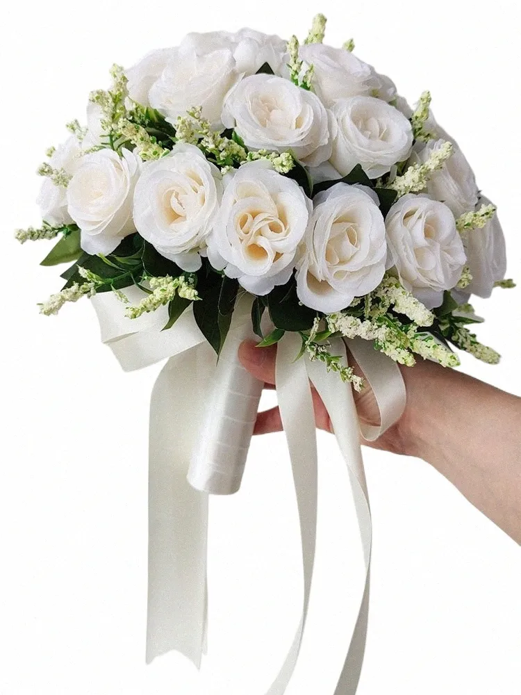 Biały bukiet ślubny dla panny młodej jedwabne róże sztuczne frs boutnire mariage bukiet ślub akries corsage w9u2#
