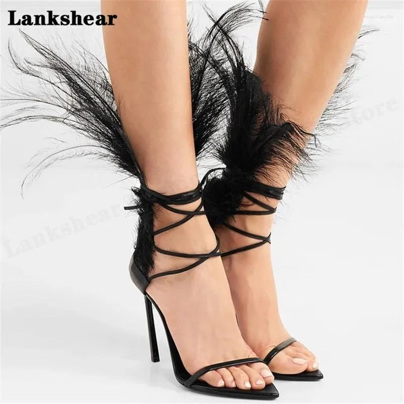 Chaussures habillées Astrich Straps de plumes Sandales à talons hauts Européen et Américain Large taille 34-46 Mesdames Sexy Placet Women's