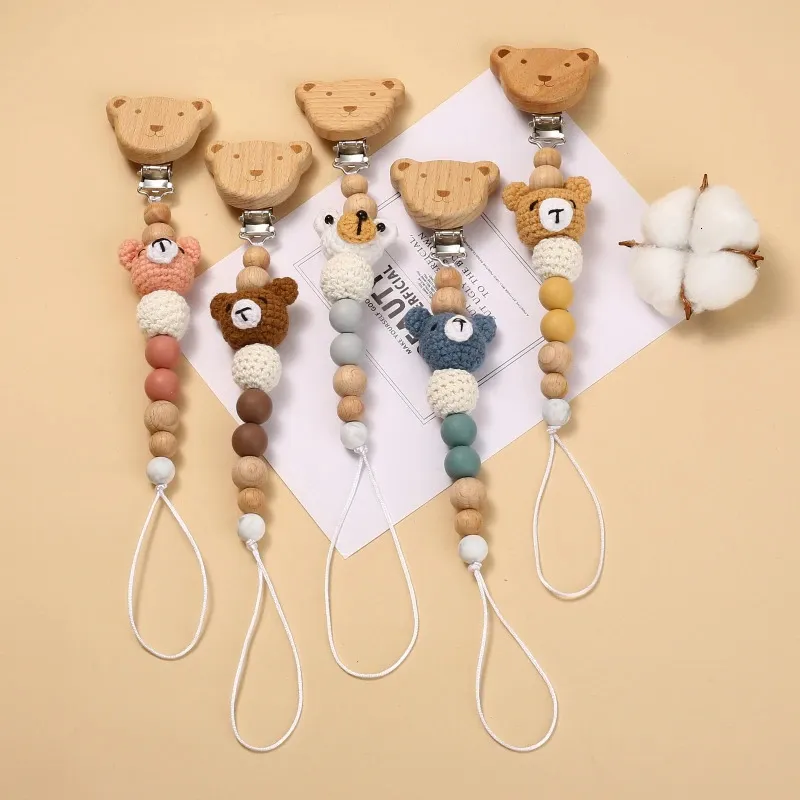 Baby Beech Wood Pacificier clip cartoon animal Crochet perles Silicone Nipple Chain pour les jouets infirmiers de Teether 240409