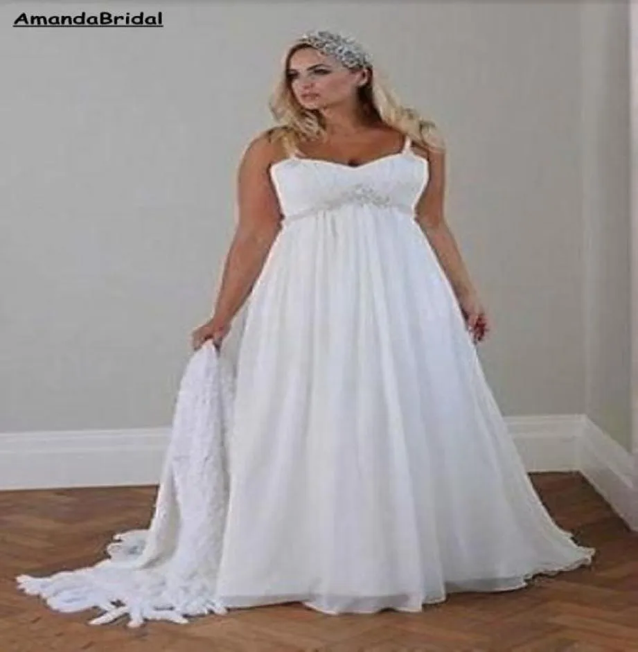 Amandabridal Plus Size Casual Beach Brautkleider 2021 Spaghetti -Gurte Perlen Chiffon bodenlange Empire Taille Elegant Bridal 7046954