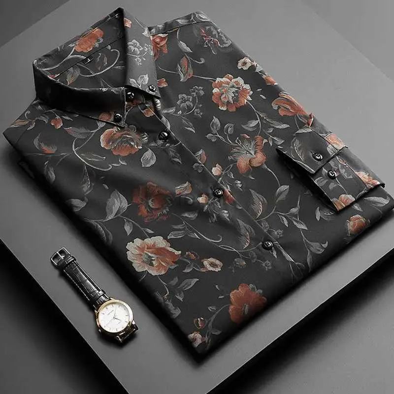 Men's Casual Shirts Spring Summer Thin Business Handsome Button Temperament Printing Fashion Vintage Turn-down Collar Mens Clothing 24416