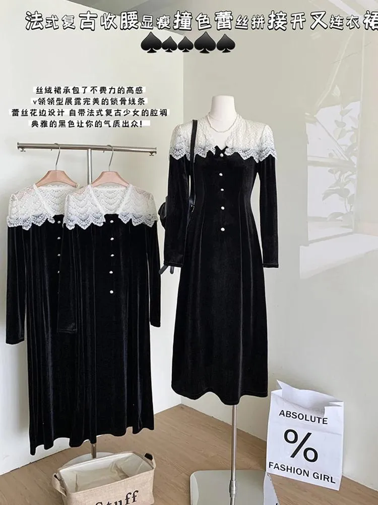 Casual Dresses American Retro Women French Elegant V-ringning Aftonklänning Koreansk spets lapptäcke Single Breasted Chic Robe Party Prom Autumn