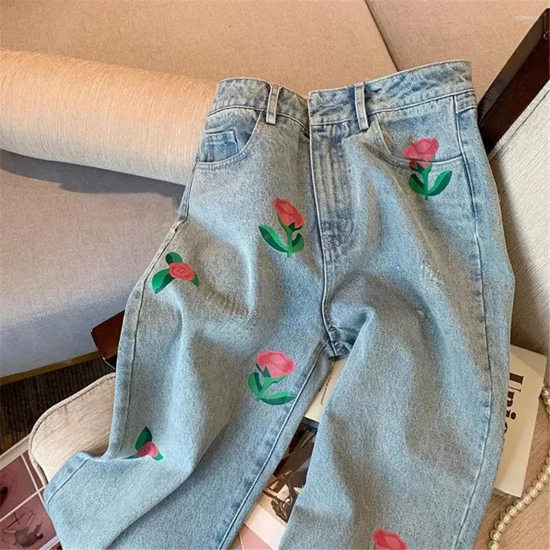 Jeans femininos Goth Casual Flores soltas Imprimir mulheres vintage Korean Chic Y2K calças de jeans de alta cintura