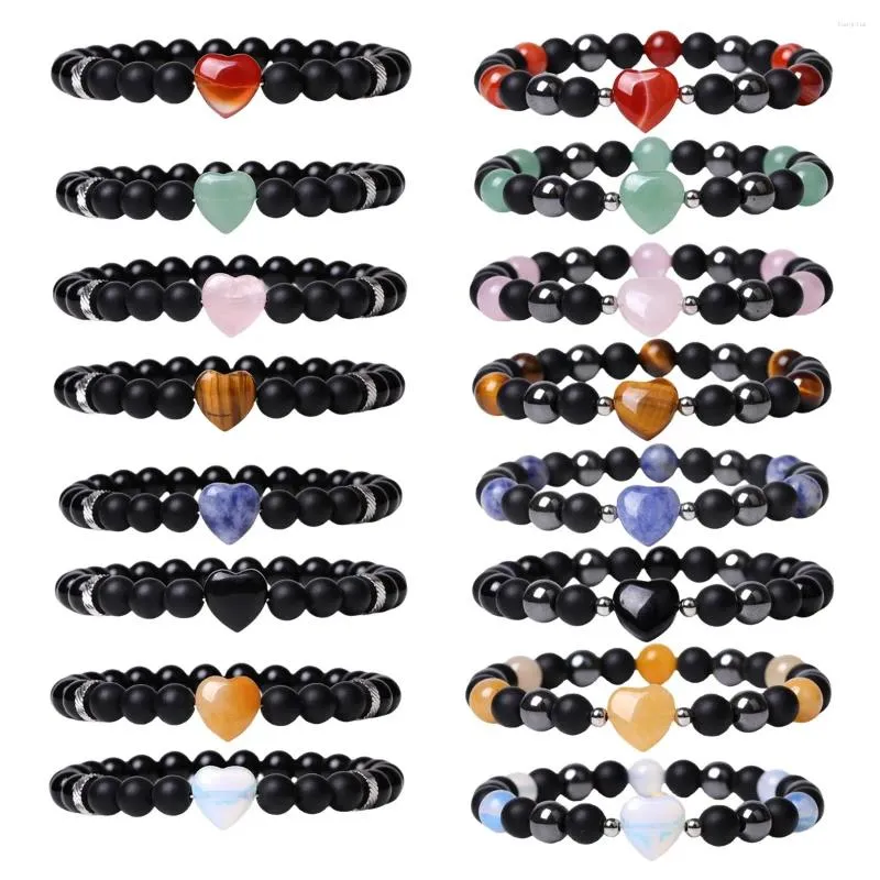 Strand Pararmband för kvinnor män naturlig ädelsten älskar hjärta 12mm kristallläkning chakra fradship smycken du och jag