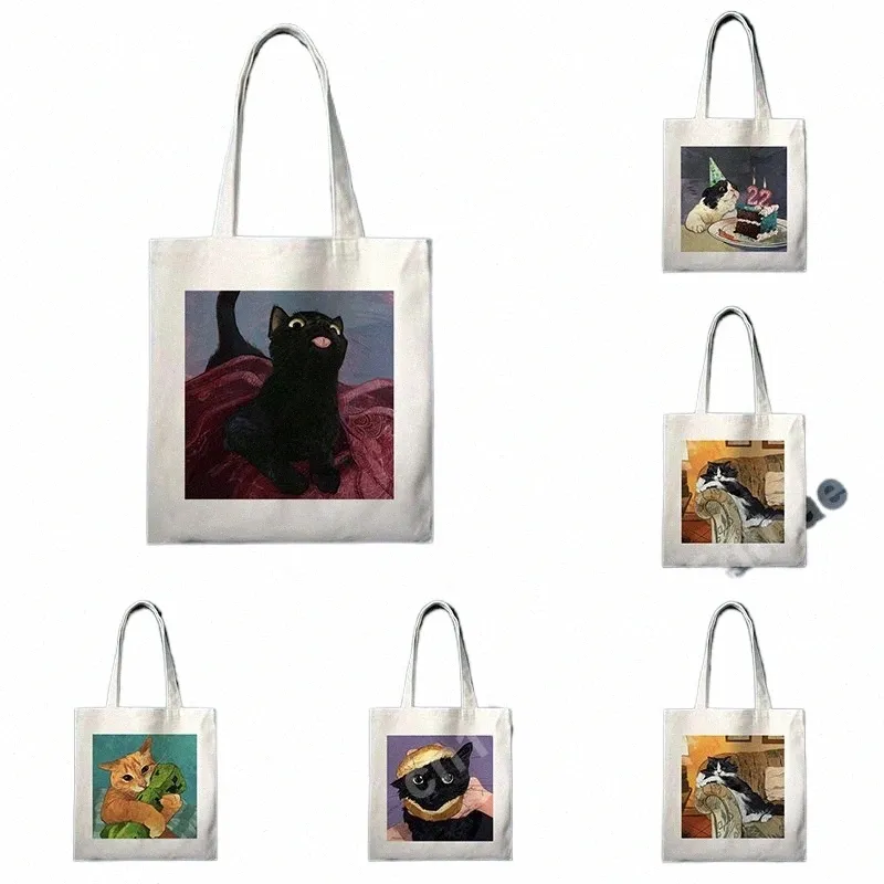 Bolsa de bolsas para lojas de padrão de gato divertido para mulheres harajuku tenvas reutilizáveis de grande capacidade de ombro de ombro armazenamento de armazenamento z3ww#