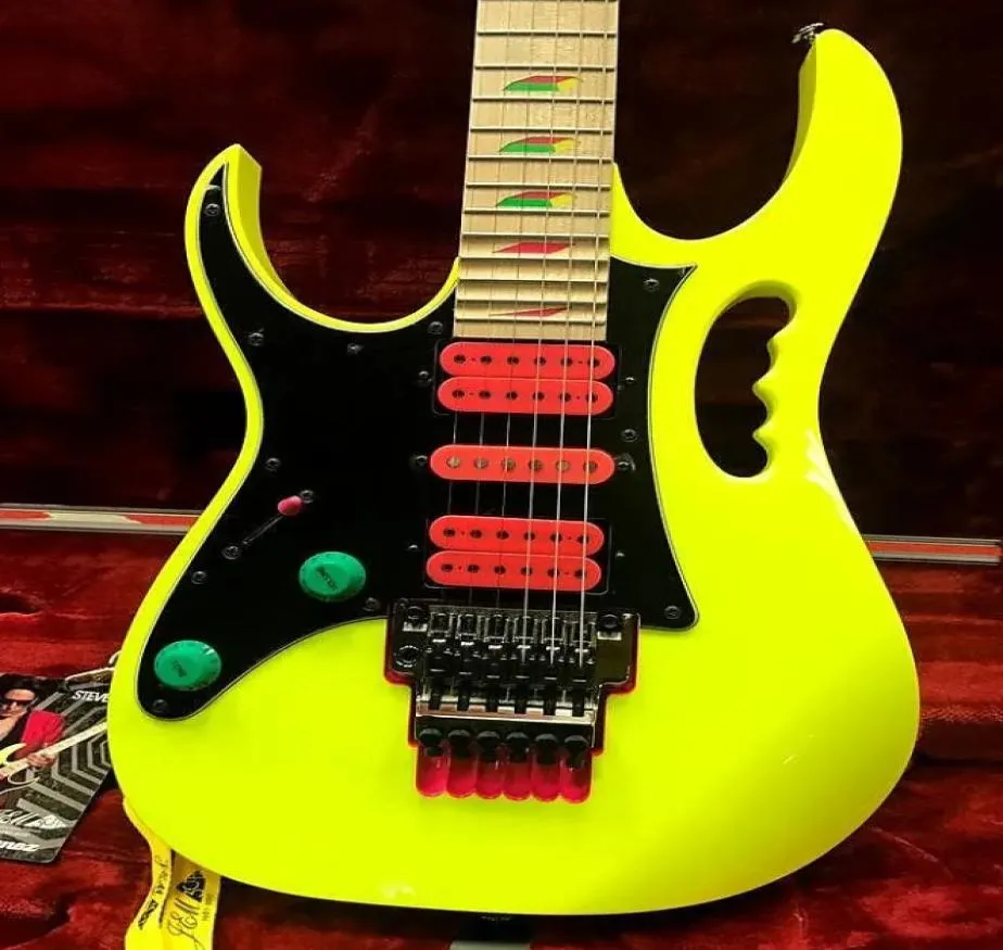 Left handed Steve Vai JEM 777 Yellow Electric Guitar 30TH ANNIVERSARY Limited Edition Last 4 Frets Scalloped Pink Tremolo Cavity G1125177