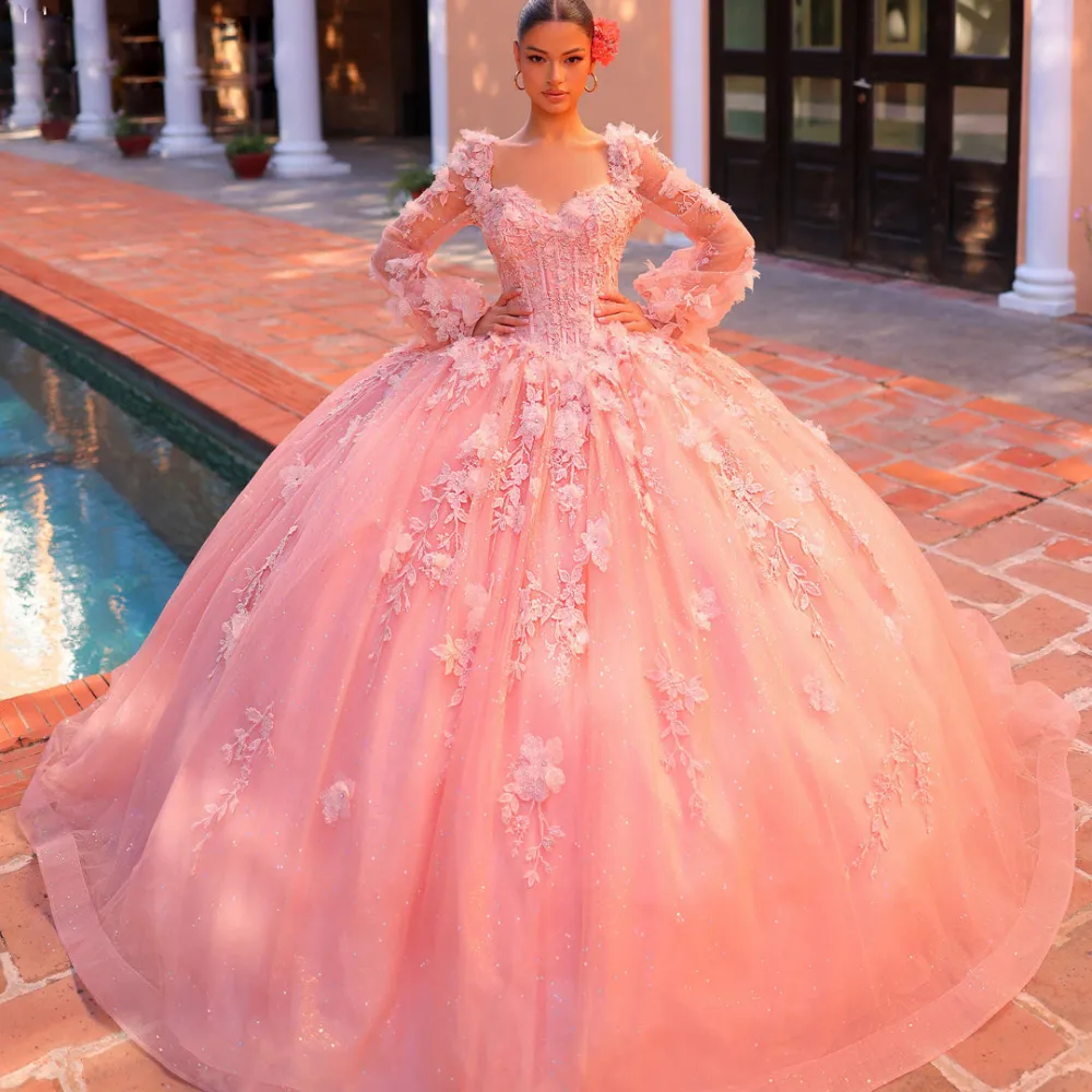 Fabulous 3D Flower Ball Gown Quinceanera Prom Dresses Lace Appliques Sequin Sweet 15 16 Dress Puffy Sleeve Princess vestidos de quinceanera