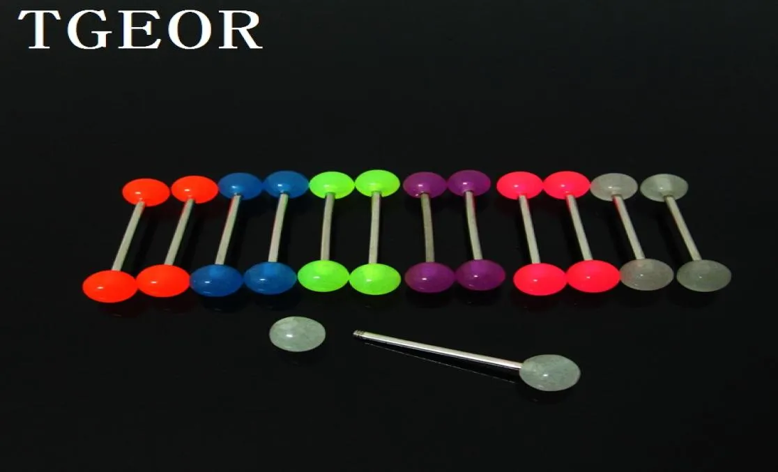 Whole 100pcs 15g Mixed Colors Glow In The Dark Uv Acrylic Piercing Barbell Tongue Ring 7041156