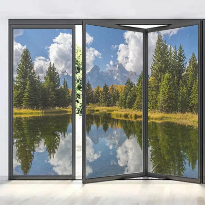 Window Stickers Glue-Free Detachable Privacy Glass Frosted Sticker Lakes Scenery Pattern Door Film PVC Anti UV Flim