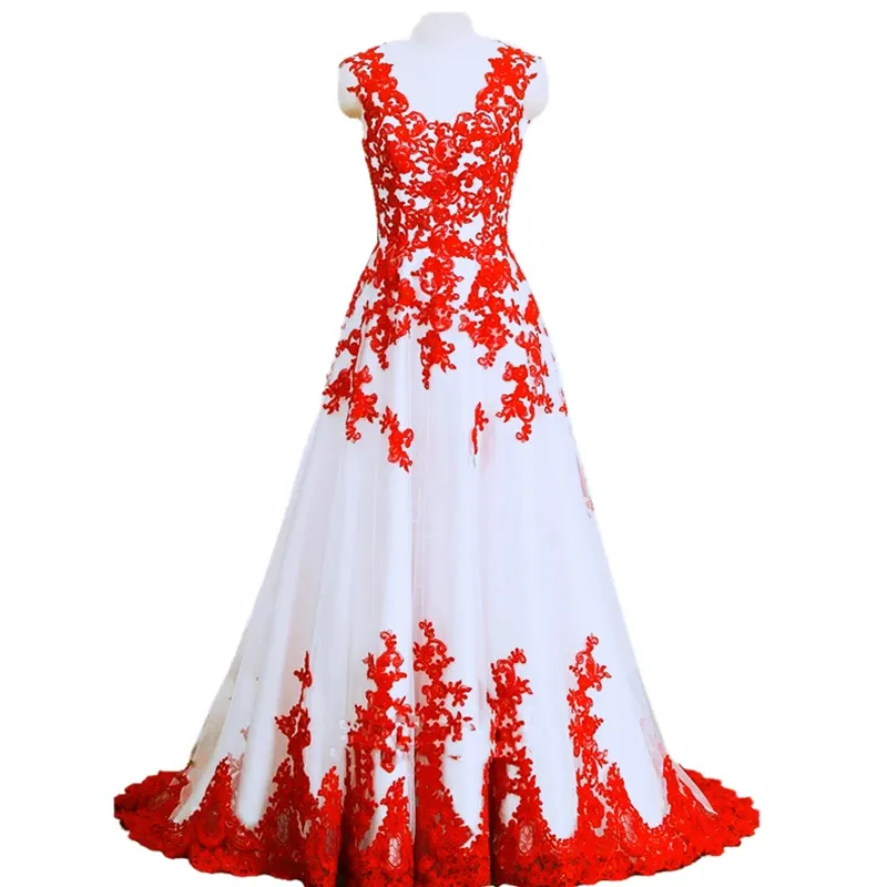 Vestidos de noiva brancos e vermelhos Apliques de renda de renda aberta para trás Vestidos de noiva de Tulle Long Tulle Vestido de noiva do país Vestido de noiva 2024