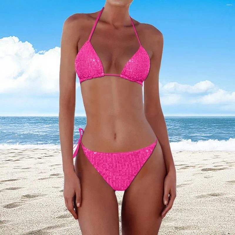 Moda de banho feminina Sexy Solid Triangle Bikini 2024 Mulher Moda Decor de lantejoulas fêmea fêmea de baixa cintura praia