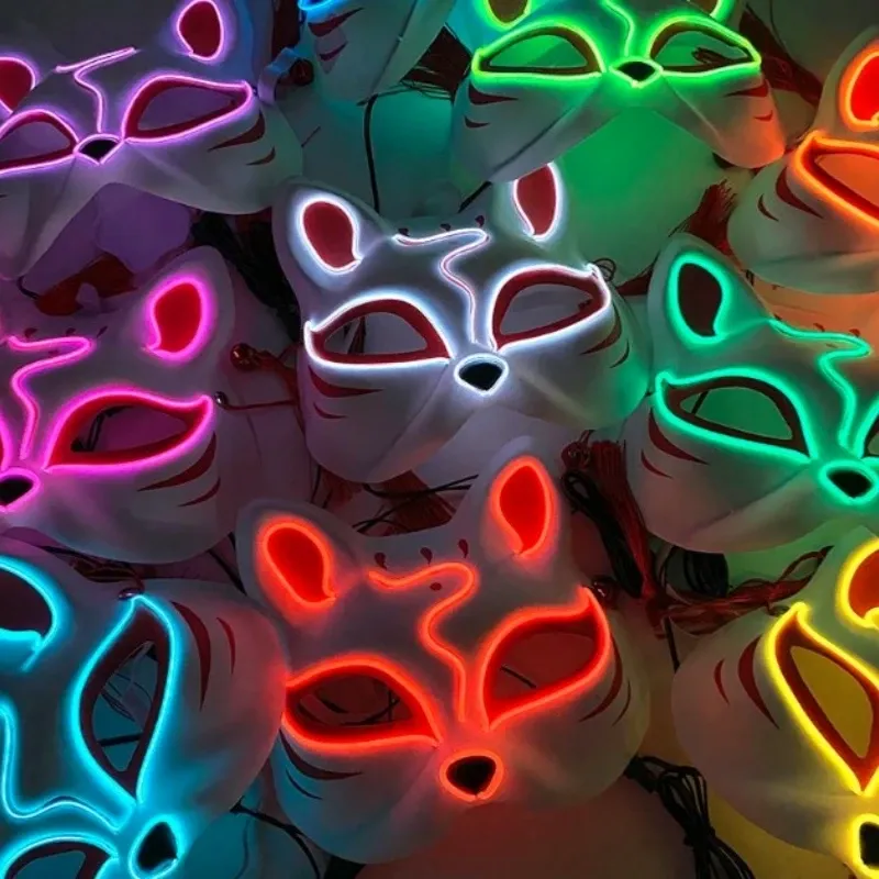 LED Light Up Mask Luminous Fox Mask Frenzy Costume Anime Half Face Cat Mask Holiday Festival Party Cosplay Mask for Adults Kids 0416