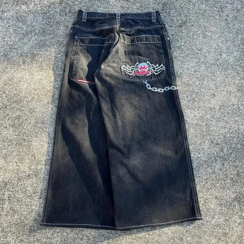 Jeans masculin JNCO chaîne broderie y2k vintage masculine lavé pantalon de jean de jambe large lavée Hip hop pantalon baggy streetwear