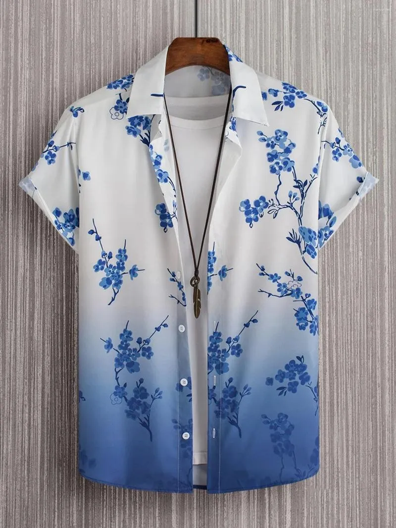 Camisas casuales para hombres Patrón de estampado floral suelto Botón de camisa de manga corta