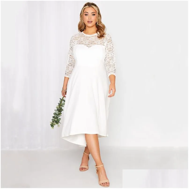 Plus Size Dresses 3/4 Lace Sleeve Spring Autumn Elegant Party Dress Women White Flt Flare Midi Large Night Out Wedding Drop Delivery Dhrzh