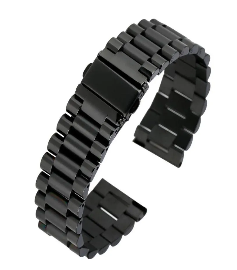 Watch Bands Superior Black Stainless Steel Band Circle Strap Firm Folding Clasp With Safety Unisex Wristwatch Bracelet 20MM 22 MM9320276