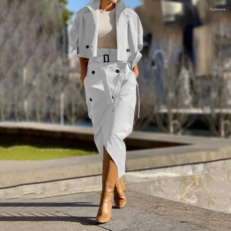 Werk jurken elegant reverskraagkantoor outfit vrouwen casual jas met lange mouwen veter rokkokje mode pocket fashion pocket solide los tweedelige