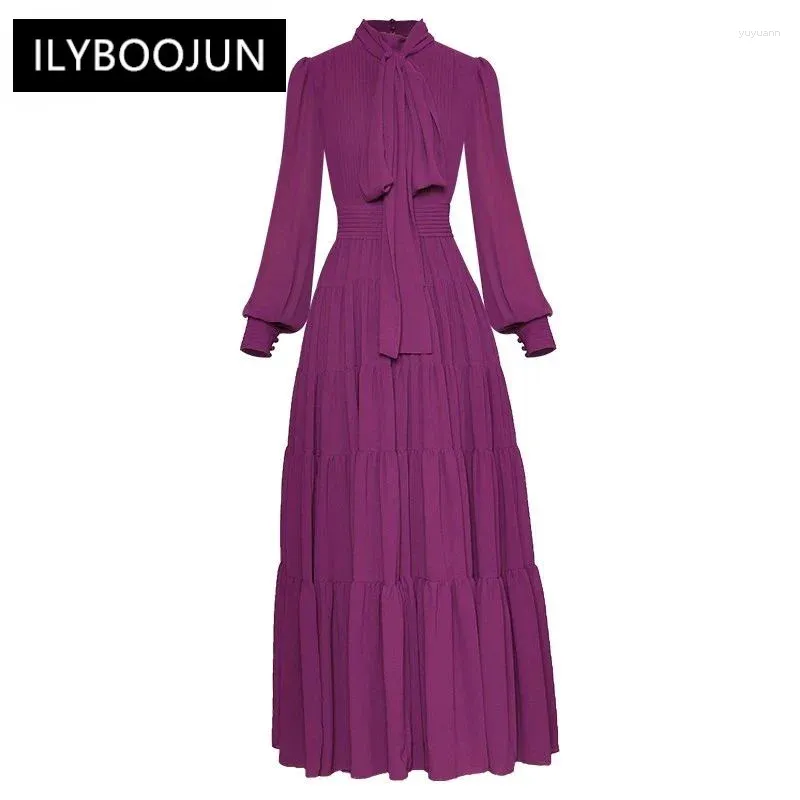 Vestidos casuales de la pista Spring Spring Women's Bow Collar Long Lantern Manga Purple Party Plaated Party For Women 2024