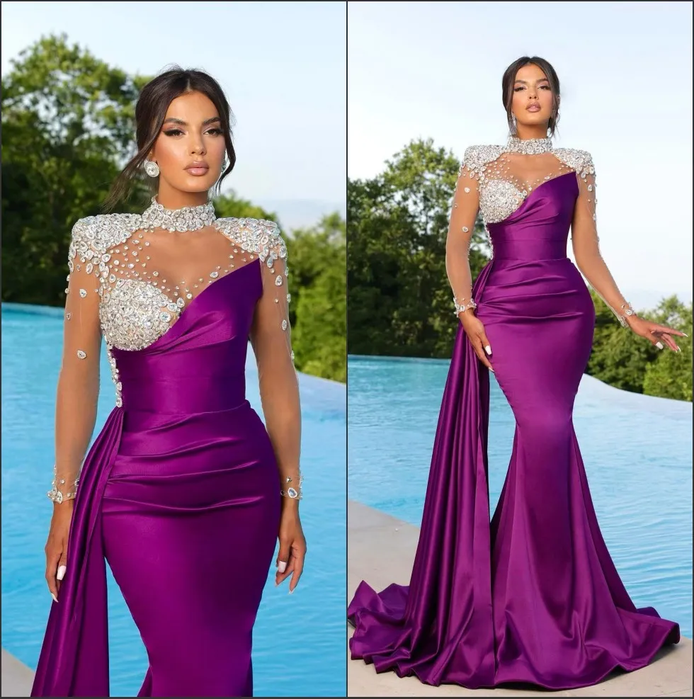 Elegant Peach Purple Mermaid Evening Dresses High Neck Sheer Appliques Beads Illusion Long Sleeve Pleats Ruffles Formal Occasion Prom Gowns BC16781 0416