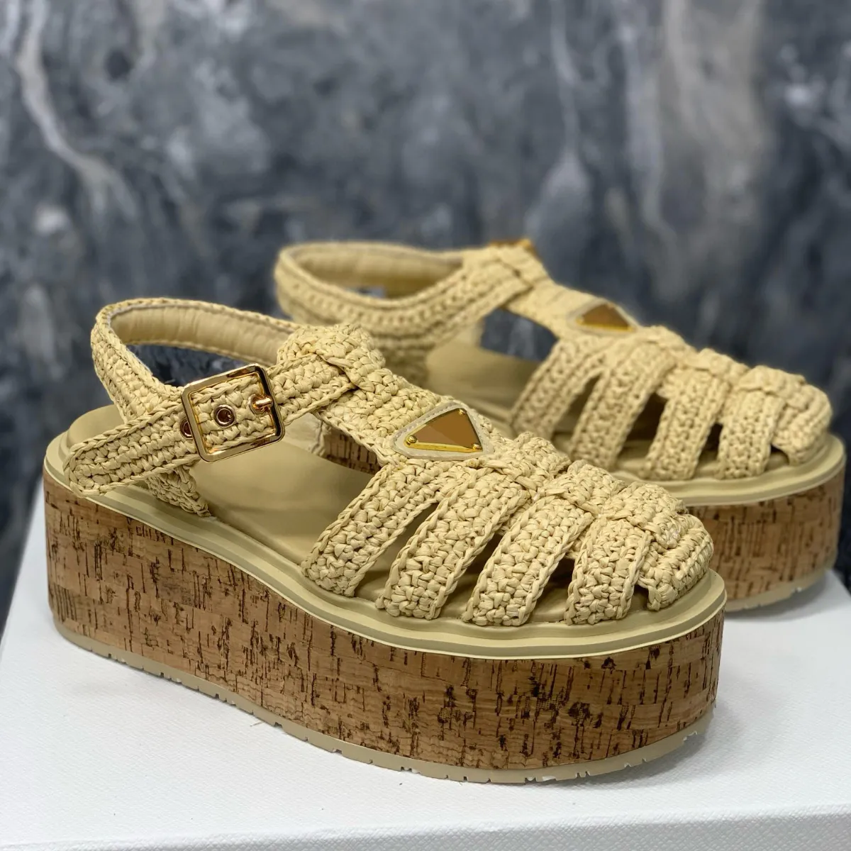 Raffia Monolith Platform Gladiator rubber sandals Triangle logo crochet cage shoes women luxury designer Ankle-strap Chunky Luxe casual flats factory footwear