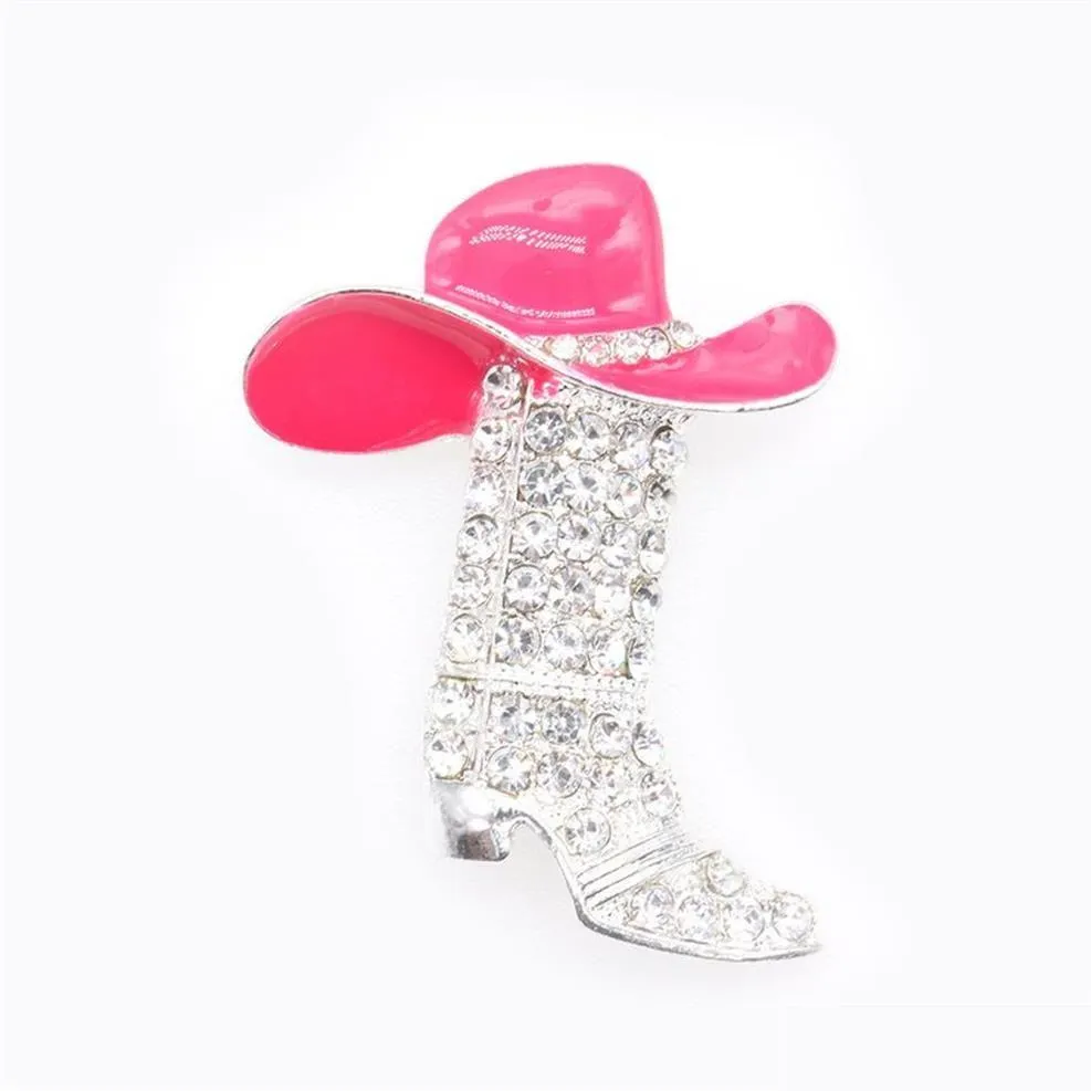 Jóias de jóias 10pcs de 50 mm botas de cowboy com chapéu pino de broche Sier Tone Clear Rhestone Pink esmalte os pinos de casamento na moda para 239k Drop Deli Dhru6