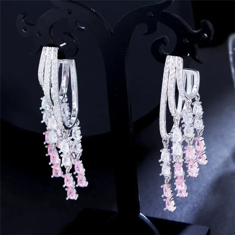 Charm Long Tassel Pink AAA Zirconia Cubic Earring Designer for Woman Party 925 Sterling Silver Post Diamond Earrings South American Wedding Engagement Jewelry