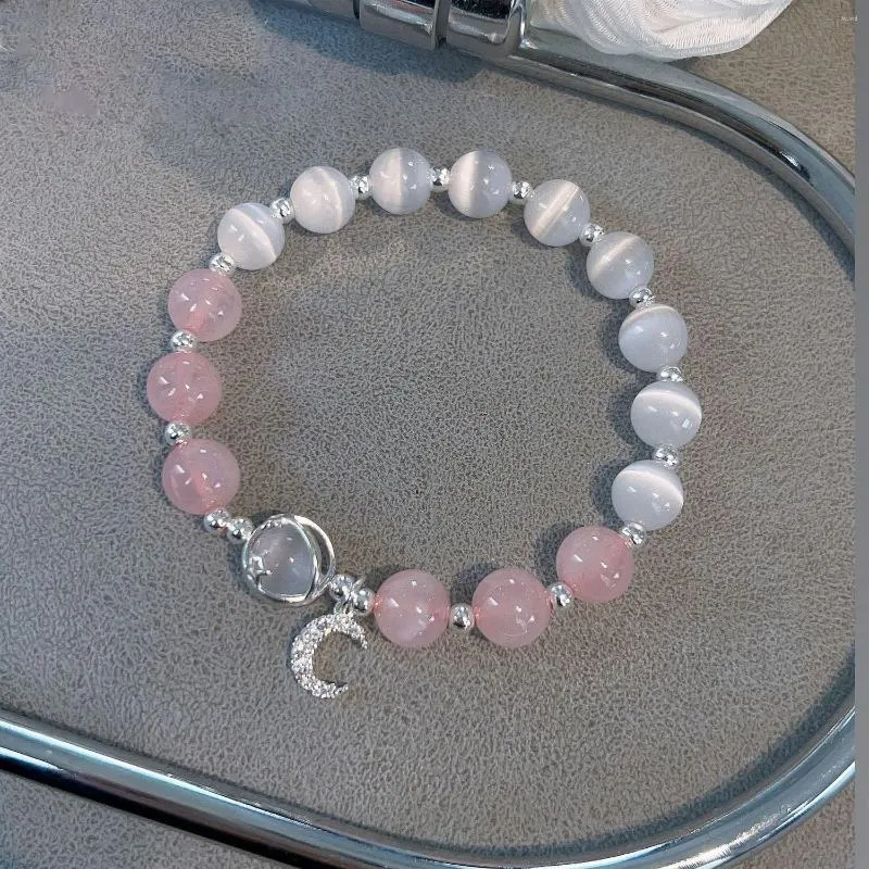 Braccialetti di collegamento Opal Crystal Zircone Moon Bracciale elastico per donne 2024 Banghi di moda coreana Charm Pink Jewelry Girl